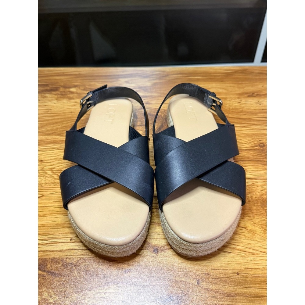 Loft Women's Black Leather Crisscross Espadrille Platform Sandals Size 6.5M